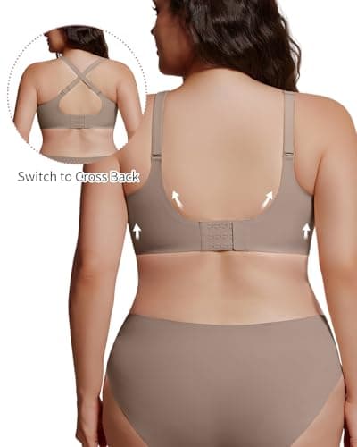 LIIJOO Wire-Free Seamless Full-Coverage Bralette, Lightly-Lined Molded Cups, Side-Back Smoothing, Wide Adjustable Straps, Convertible Crossback, U-Shaped Wing, 4-Row Hook-and-Eye（Ash Gray, L） - Thumbnail 2