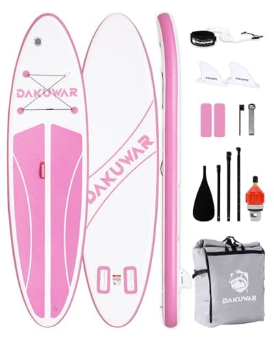 DAKUWAR Inflatable Paddle Board 10'x31.5''x6'' Folding Stand up Paddle Boards with SUP Accessories Valve Adaptor/2 fins/SUP Backpack/Ankle Leash/Repair Kit (Pink and White) - Image 1