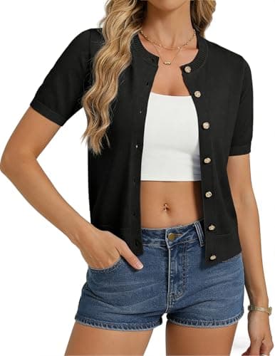 Short Sleeve Cardigan Sweater Black Button Up Sweater Lightweight Summer Cardigan (Black, L) - Image 1