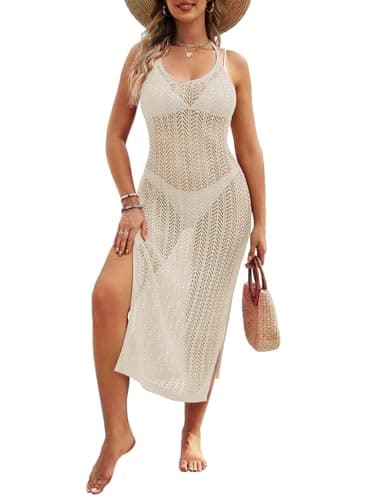Pink Queen Women's Crochet Halter Cover-Up Dress Sexy Backless Swimsuit Beach Maxi Dress Hollow Out Bikini Beachwear Coverups Beige XL - Image 1