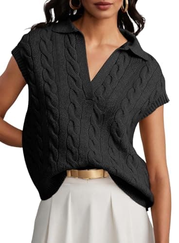Dokotoo Womens Vest V Neck Lapel Collar Cable Knit Vest for Women Sleeveless Sweater Vest Knit Fashion Tops for Women Trendy Black XX Large - Thumbnail 2
