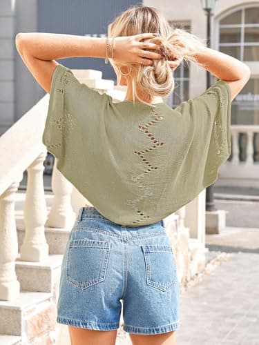 BB&KK Women's Summer Crochet Sweaters Hollow-Out Batwing Short Sleeve Lightweight Open Front Shrug Bolero Cardigans Green S - Thumbnail 3