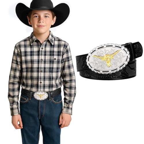 UpFind Kids Western Belt for Boys Girls Youth Engraved Cowboy Cowgirl Genuine Leather Belt with Silver Longhorn Bull Buckle, Black - Image 1