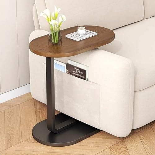 C Shaped Side Table, Modern C Shaped End Table for Small Spaces, Small Couch Side Tables That Slide Under, Wood Coffee Table for Sofa and Bed, 18”L X 12”W Tabletop (Walnut+Black) - Thumbnail 4