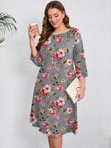 AusLook Women's Plus Midi Dresses Crew Neck A Line 3/4 Sleeves Casual Elegant Loose Flowy Wedding Guest Maternity Vacation Beach Slate Gray Watercolor Bouquet 5X Dress with Pockets - Thumbnail 4
