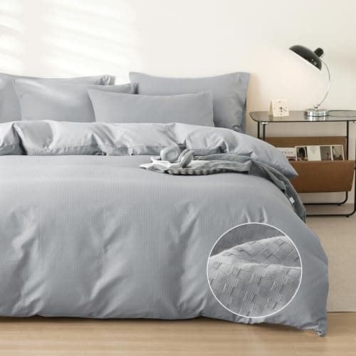DCSKY Cotton Duvet Cover Queen,100% Cotton Waffle Weave Grey Duvet Covers Queen Size,Luxury Textured & Breathable 3pcs with 2 Pillow Shams for All Season 90x90 Inches