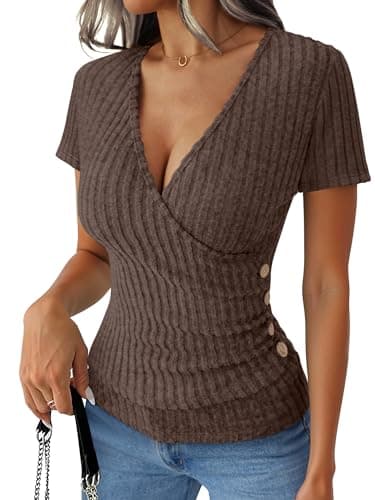 ANRABESS Women Short Sleeve V Neck Shirts,Chocolate Brown,XS - Image 1