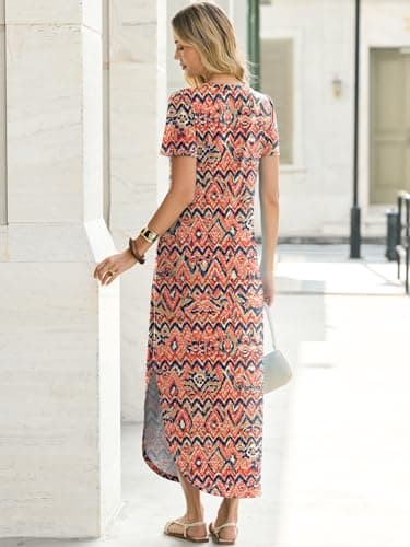 ANRABESS Women’s Summer Maxi Dress V Neck Short Sleeve Slit Side Shirt Dress Loose Fit Travel Beach Dress with Pockets Orange Blue Diamonds X-Large - Thumbnail 4