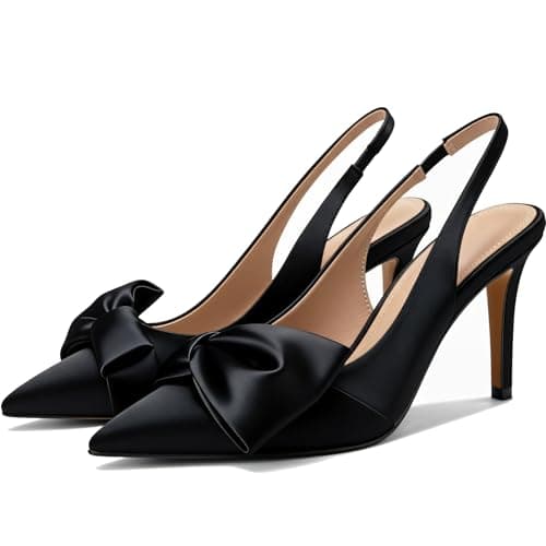 Moloershow Slingback Heels for Women with Bow Pointed Toe Stiletto Pumps 3.3" High Heels Cocktail Chic Dress Shoes Satin Black Size 7.5 - Image 1