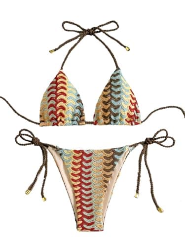 ZAFUL 2 Piece Triangle Bikini for Women Knitted Rope Halter Bikini Sets Sexy Bathing Suit Side Tie Swimsuits Beachwear 4-Bronze L - Image 1