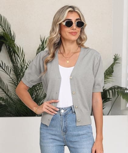 COSSEN Cardigan for Women Trendy Dressy Light Grey Medium V Neck Bolero Crop Coat Crochet Button Down Short Sleeve Short Tops Open Front Lightweight Jacket Summer Knit Cropped Shrug for Dress - Thumbnail 6