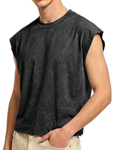 PLEPAN Men's Cropped Muscle Sleeveless Cotton Tank Tops Washed Crewneck T Shirts Dolman Sleeve Tee Black Large - Image 1
