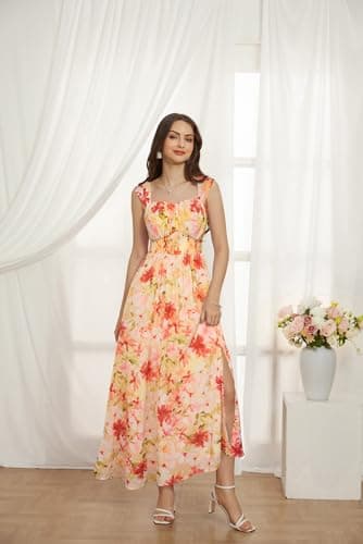 2025 Women's Summer Sleeveless Off Shoulder Floral Flowy A Line Maxi Dresses Light Orange Red M - Thumbnail 2