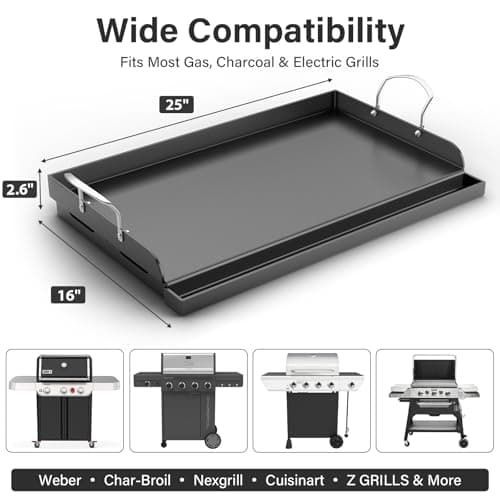 BLUES GRILL PARTS 25" x 16" Pre-Seasoned Nonstick Thickened Cast Iron Griddle - Universal Flat Top with Grease Groove, Reinforced Ridges & High Sidewalls for Gas/Charcoal Grills, Fits Weber, Charbroil - Thumbnail 2