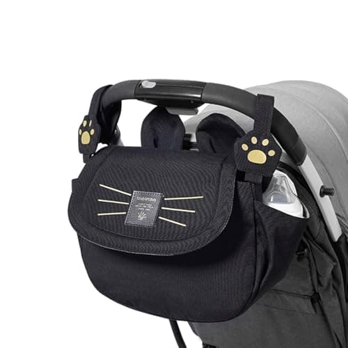 SUNVENO Kitty Stroller Organizer Bag – Universal Baby Stroller Caddy with 2 Cup Holders, Adjustable Straps, Waterproof Oxford, Lightweight Travel Accessory for Strollers, Prams & Pushchairs,Black