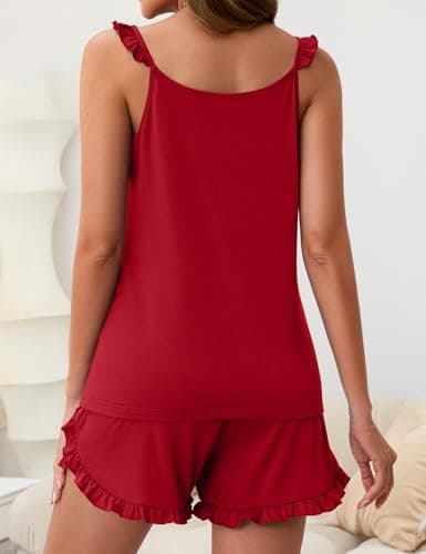 JUSTFASHIONNOW Shorts Pajama Set for Women Ruffle Cami Set Summer Two Piece Sets Cute Pjs Soft Lingerie Casual Tank Top Elastic Waist Split Shorts Sexy Camisole Lounge Set (Red, Medium) - Thumbnail 6
