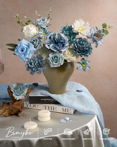 BSMYBO Dusty Blue Artificial Flowers Combo, Baby Blue Wedding Flowers Fake Floral Bulk Bouquets, Light Blue Flowers, Silk Rose Flowers for Wedding Bridal Shower Table Centerpieces & Home Party Decor - Thumbnail 4