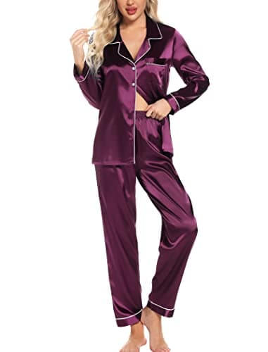 Leikar Silk Pajamas Long Sleeve Pajama Sets For Women Soft Bride Pajamas Lounge Sets Purple - Image 1