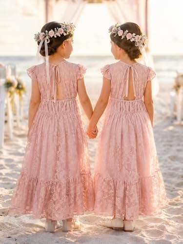 ALLOVIN Toddler & Girls Spring Easter Lace Flower Girl Dress for Wedding Baptism First Communion Maxi Boho A-Line | Flutter Sleeve Dusty Pink | 3-4Y - Thumbnail 5