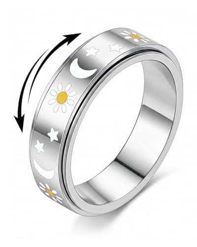 Fidget Toys Adults Ring for Women - Anxiety Stress Relief Items Quiet Spinner Gift for Birthday Sun Moon Star Rotating Jewelry Stainless Steel Silver Size 6