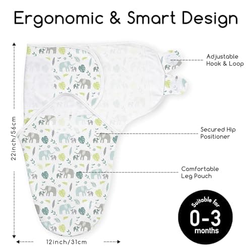 CIVARUA KIDS Baby Swaddles for Newborn Organic Cotton,Soft & Snug Newborn Velcro Swaddle 0-3 Months Sleep Sack Helps Calm Startle Reflex, 2-Pack Wrap Nursery Swaddling Blankets Sage Elephant - Thumbnail 2