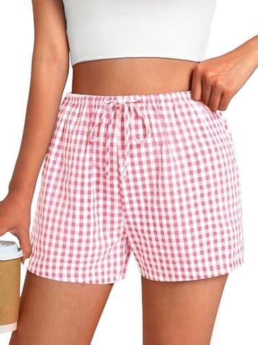 GKBK Boxer Shorts for Women Gingham Pajama 2026 Summer Spring Casual Lounge Sleep Plaid Checkered Shorts with Pockets Y2K Beach Bottoms Pink White Plaid L - Image 1