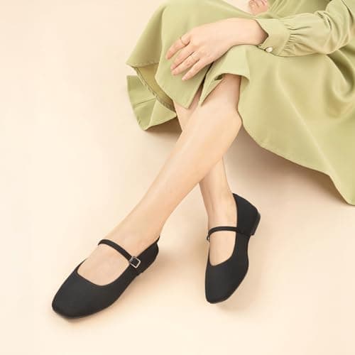 ATHMILE Square Toe Ballet Flats Mary Janes Shoes Women with Padded Heel & Adjustable Strap, Knit Slip-On Flats for Women for Office, Dressy & Casual, Machine Washable for Easy Care Black Size 9.5 - Thumbnail 2