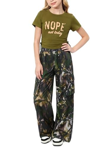 AMAWMW Girls Clothes Summer Outfits Short Sleeve Letter Print Ruched Tops and Cargo Pants Set Teen Clothing Army Green 15-16Y - Image 1