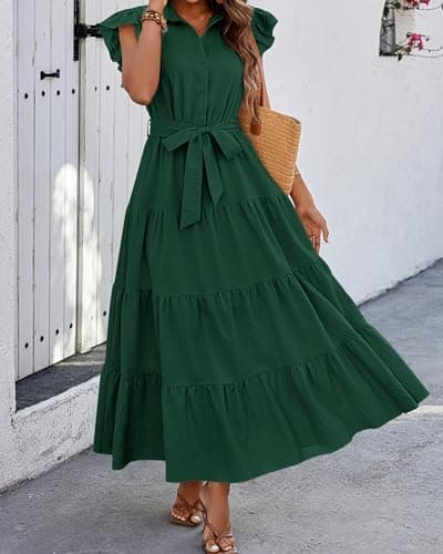 dowerme Woman Spring Dresses Cap Sleeve V Neck Button Elastic High Waist Belted Tiered Boho Flowy Swing Beach Dress(Dark Green,X-Large) - Thumbnail 4