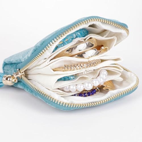 ASINGYER Travel Jewelry Storage Bag for Women, Velvet Portable Jewelry Organizer with Tassel Zipper, Small Pouches for Bracelets Necklaces Rings Earrings, Wedding Gift for Women (Sky blue) - Thumbnail 2