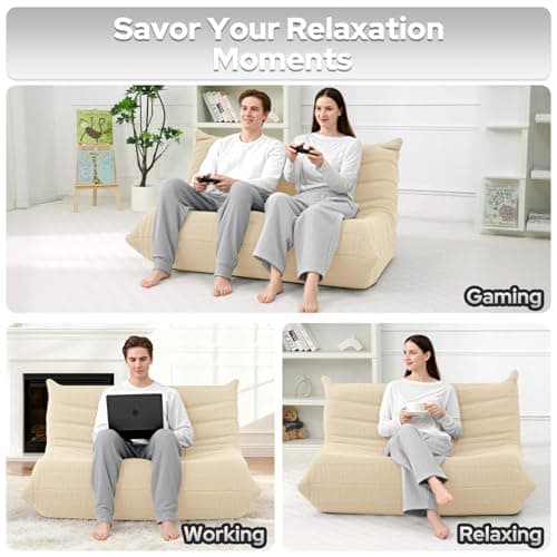 HABUTWAY Bean Bag Chairs Fireside Lazy Floor Sofa, Soft Teddy Fleece 2 Seater Sofa with High-Resilience Foam Filling，Beanbag for Living Room, Bedroom, Office (Khaki Teddy) - Thumbnail 5