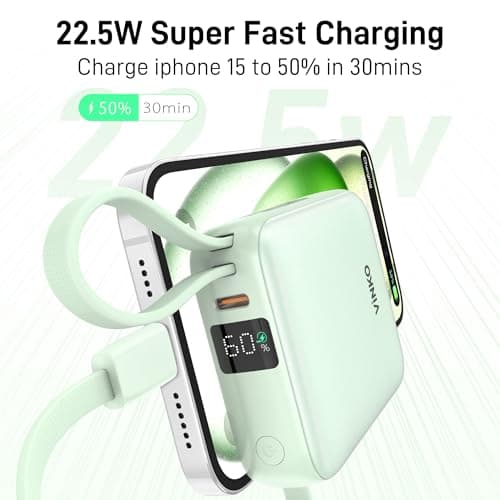 VINKO Small Portable Charger, 22.5W Fast Charging Mini Power Bank 10000mAh with Built-in Cables LED Display, Travel Essential USB-C Battery Pack Compatible with iPhone,Samsung,Android (Green) - Thumbnail 3