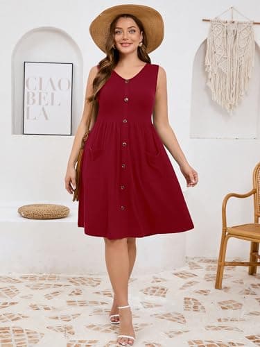 AusLook Plus Size Women Summer Dress Sleeveless V Neck Casual Cute Loose Sundress Burgundy 4X Comfy Swing Button Down Midi Work Flowy Tunic Ladies Beach Vacation Teacher Dresses with Pockets - Thumbnail 4
