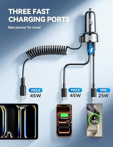 USB C 90W Car Charger for iPhone 17/16 Pro Max, PD & QC3.0 w/5 ft 45W Type Coiled Cable, Fast Car Phone Charger Adapter for iPhone 17Air/15 Pro, Samsung Galaxy S26/S25/S24, Pixel 10/LG/Android, iPad - Thumbnail 3