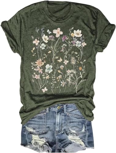 Womens Boho Floral Shirt Vintage Flower Tee T-Shirt Summer Short Sleeve T Shirts Cute Graphic T Shirt(B14A-Green1,L)