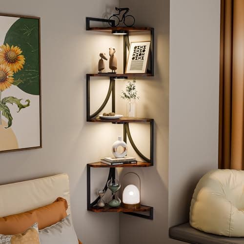 HAAYOT Corner Shelf Wall Mounted with Lights, 5-Tier Floating Metal Shelves for Living Room, Bedroom, Rustic Brown - Image 1