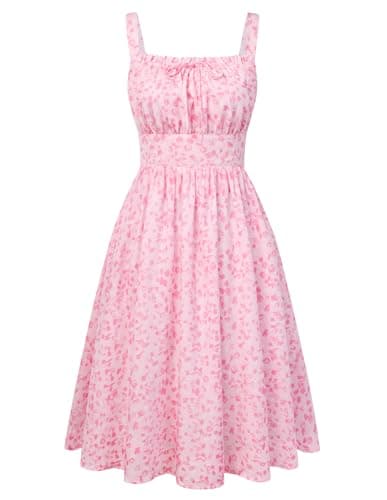 Belle Poque 2026 Summer Pink Floral Dress for Women Midi A Line Sundress Cute Milkmaid Dress with Pockets XXL - Image 1