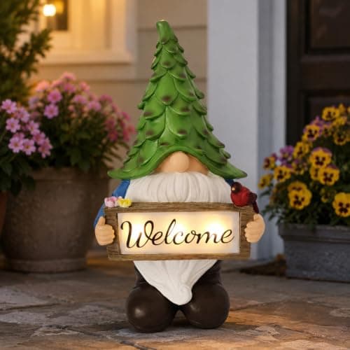hvfun Solar Garden Gnome Statue with Welcome Sign, 13.5" Resin Outdoor Gnome Decor with LED Light, Cute Garden Statue for Yard, Porch, Patio, Lawn, Housewarming Gifts for Women Mom Grandma