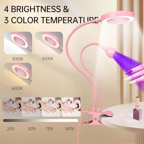 AORAEM LED UV Nail Lamp: Double-Headed Gooseneck Lamp for Gel Nails, LED Flash Cure Lamp with 6X Magnifier Home DIY Salon, Pink - Thumbnail 4