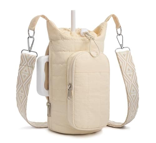 WOOMADA Water Bottle Holder Bag with Strap, 40/32 oz Crossbody Bag Gym Accessories, Sling Purses for Women(Beige) - Image 1