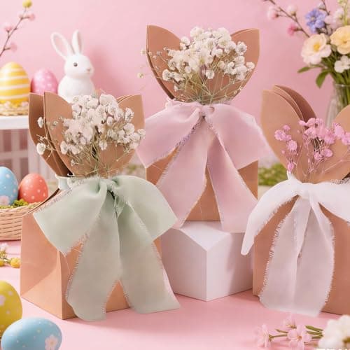TOLGOE Easter Bunny Goodie Gift Bags - 24 Pcs DIY Boho Rabbit Ear Paper Gift Boxes with Dried Flowers & Ribbon for Candy Treats, Neutral Spring Party Favors for Classroom Birthday - Thumbnail 4