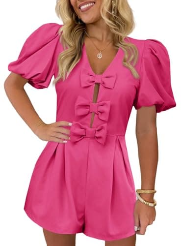 Cicy Bell Womens Cute Rompers Bow Front Puff Sleeve V Neck Short Jumpsuits Sexy Summer Outfits with Pockets - Image 1