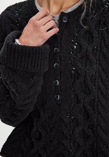 Jenkoon Women's Cable Knit Sweater Oversized Crop Knit Pullover Chunky Crew Neck Long Bell Sleeves Button Front Sweaters(Black,L) - Thumbnail 6