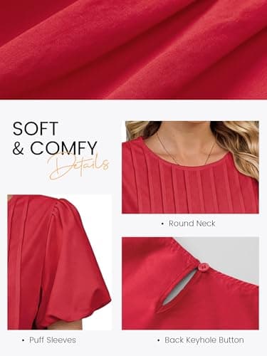 Funlingo Womens Puff Short Sleeve Babydoll Tops Summer Crew Neck Pleated Blouses Casual Loose Fit Flowy Swing Shirts 2026 Red L - Thumbnail 6