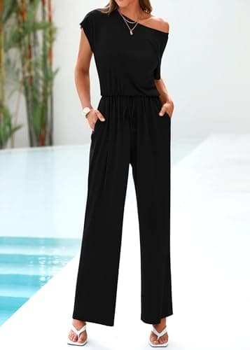 KIRUNDO Black Jumpsuits for Women Casual Summer Loose One Piece Outfits Off Shoulder Wide Leg Jumpsuit Overalls Stretchy Long Pant Rompers with Pockets 2025(Black, X-Large) - Thumbnail 5