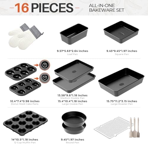 16-Piece Nonstick Bakeware Set with Oven Mitts, Donut Pan, and Heart Pan, Stackable Carbon Steel Baking Pans Set with Kitchen Utensils and Rack, Ceramic Coating, Black - Thumbnail 3