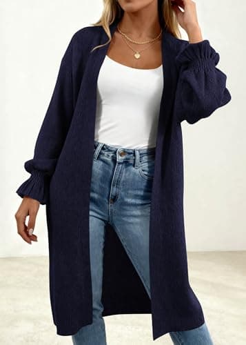 KIRUNDO Long Cardigan Sweaters for Women 2026 Spring Casual Oversized Ruffle Long Sleeve Open Front Chunky Knit Sweater Coats(Navy Blue, Small) - Thumbnail 3