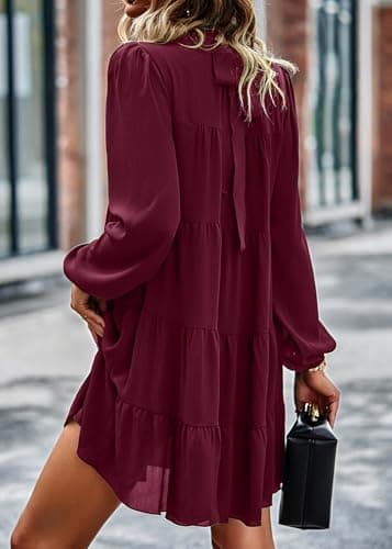KIRUNDO Long Sleeve Baby Doll Dresses Women 2026 Casual Spring Summer Ruffle Mock Neck Tiered Mini Flowy Swing Shift Dress(Wine Red, X-Large) - Thumbnail 5