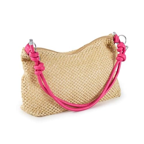 EONTISO Woven Straw Tote Bag, No Lining, PU Rope Handles, Summer Beach Hobo Shoulder Handbag (Magenta) - Image 1