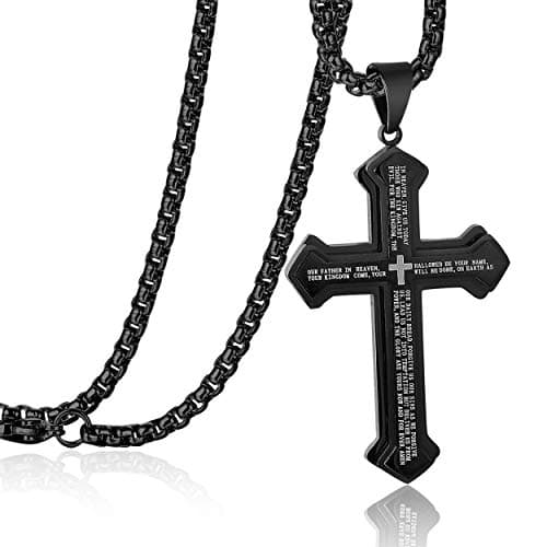 Rehoboth Men's Stainless Steel Nail Lord's Prayer Cross Pendant Necklace for Men Big Pendant and Strong Chain 24 Inch Black - Image 1